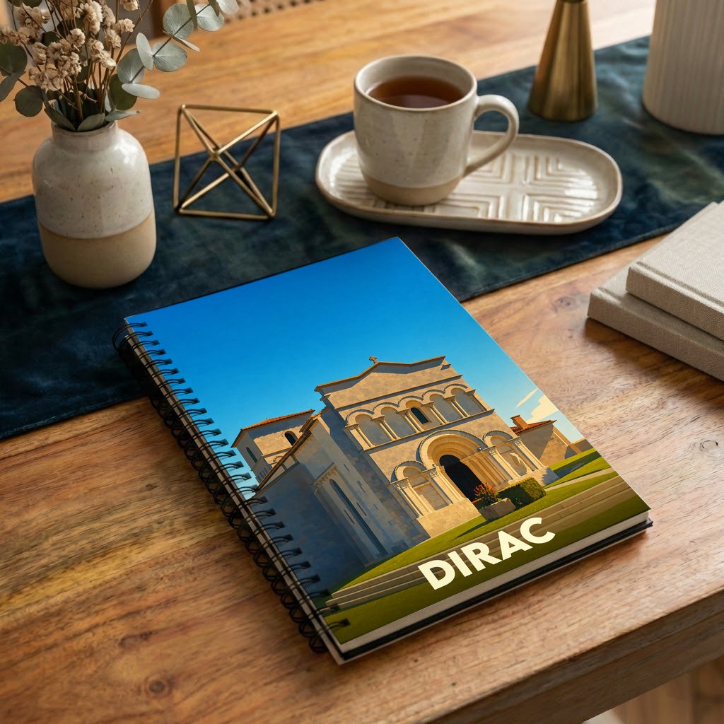 Carnet à spirales souvenir de la ville de Dirac avec une illustration stylisée de son église.