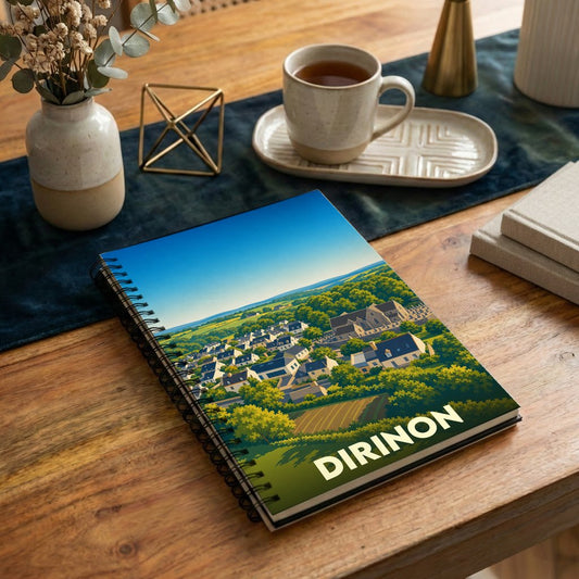 Carnet souvenir de la ville de Dirinon avec une illustration stylisée de ses paysages et de son église.