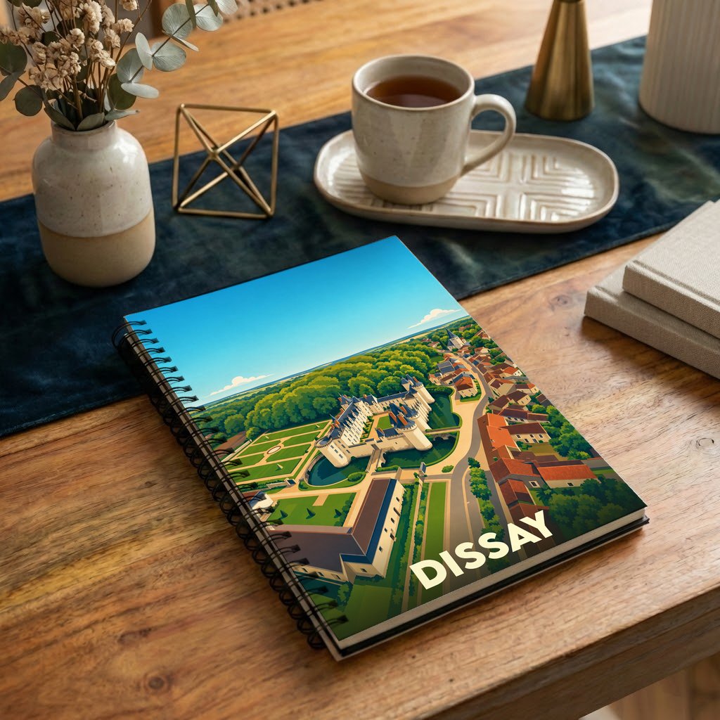 Carnet souvenir de la ville de Dissay orné d'une illustration aérienne stylisée du château et de ses jardins.