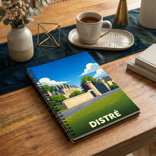 Carnet de notes à spirales souvenir de la ville de Distré avec une illustration stylisée.
