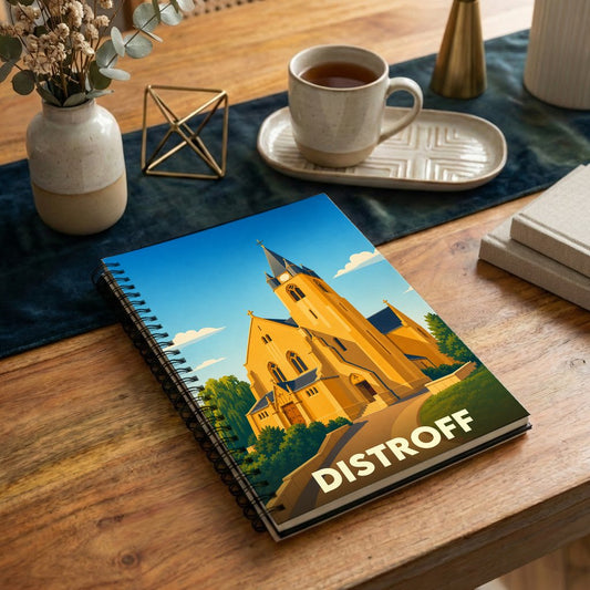 Carnet souvenir de la ville de Distroff avec une illustration stylisée de son église sous un ciel bleu.