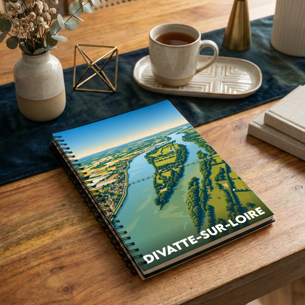 Carnet à spirale souvenir de la ville de Divatte-sur-Loire avec une illustration stylisée d'un paysage de Loire.