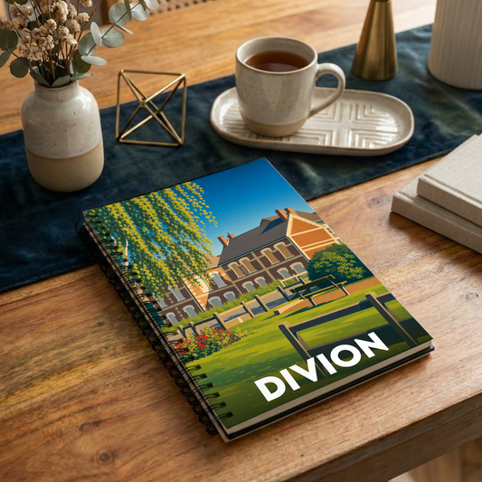 Carnet souvenir de la ville de Divion avec une illustration stylisée d'un paysage urbain.