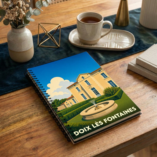 Carnet à spirales souvenir de la ville de Doix lès Fontaines avec une illustration stylisée.