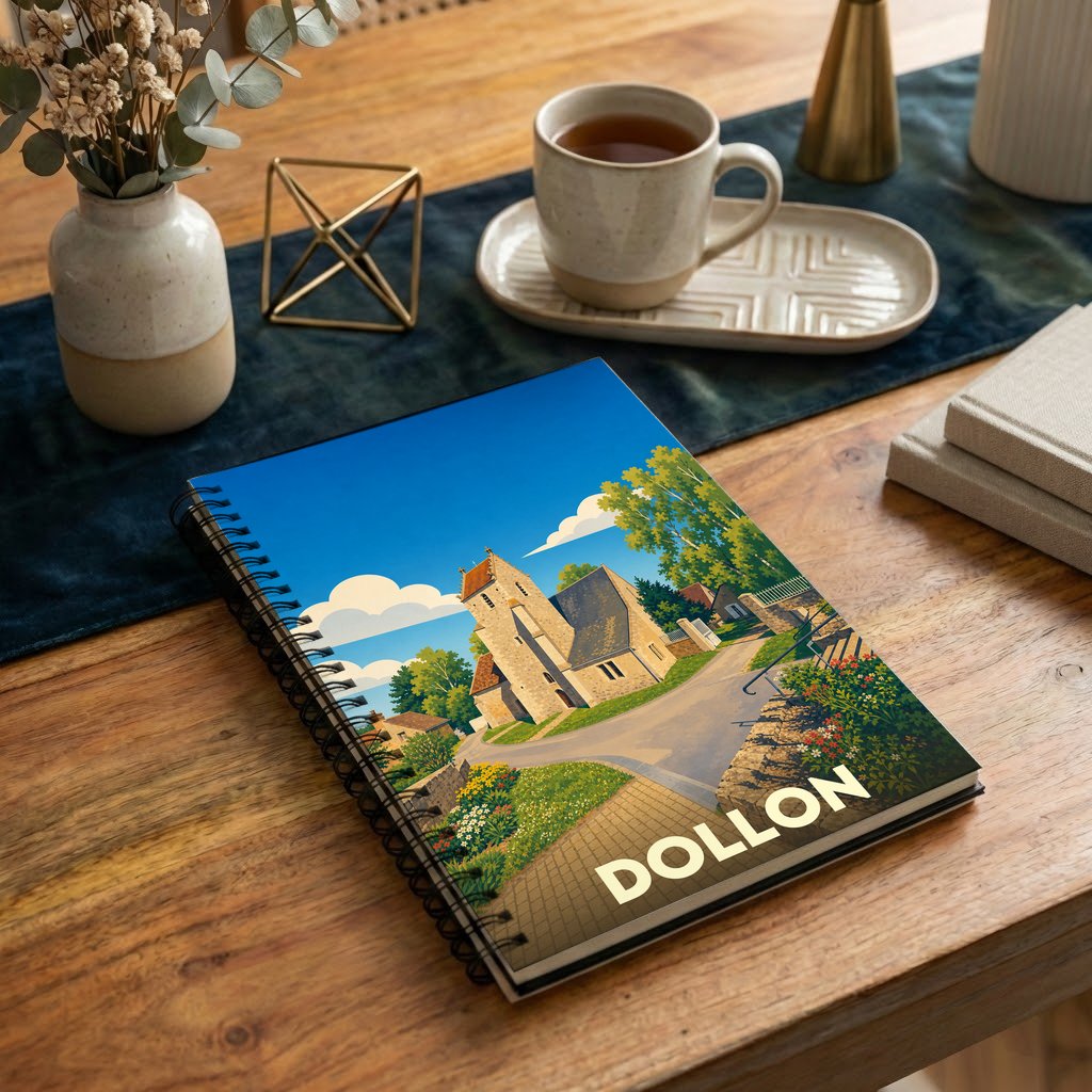 Carnet à spirales souvenir de la ville de Dollon avec une illustration stylisée.