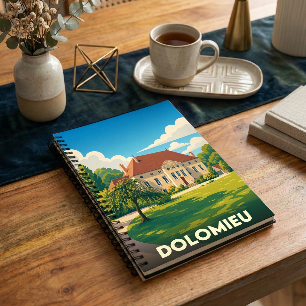 Carnet souvenir de la ville de Dolomieu avec une illustration stylisée d'un château.
