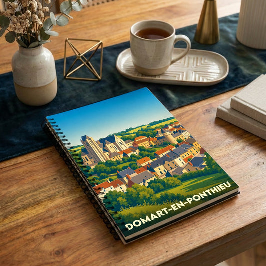 Carnet souvenir de la ville de Domart-en-Ponthieu avec une illustration stylisée.