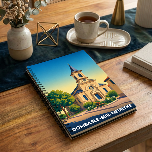Carnet souvenir de la ville de Dombasle-sur-Meurthe avec une illustration stylisée de son église.