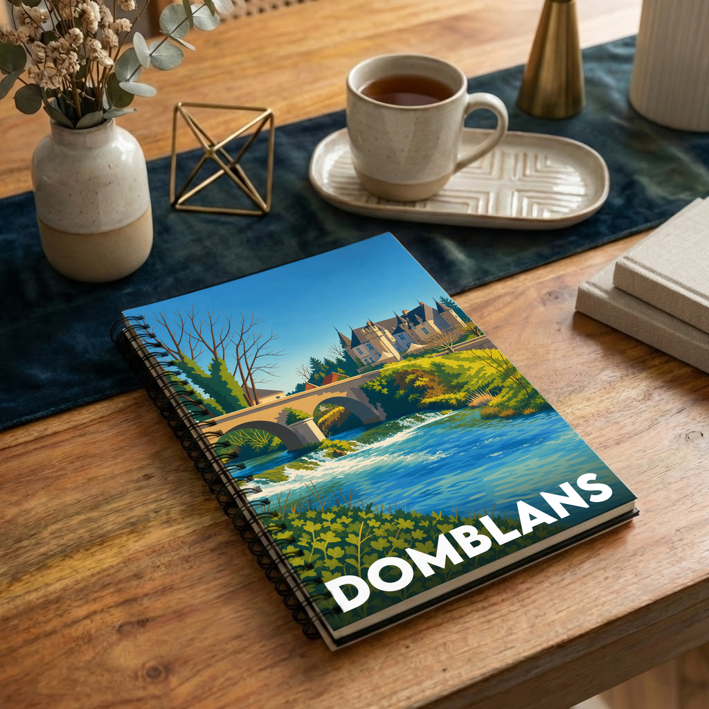 Carnet souvenir de la ville de Domblans avec une illustration stylisée d'un pont et d'un château au bord d'une rivière.