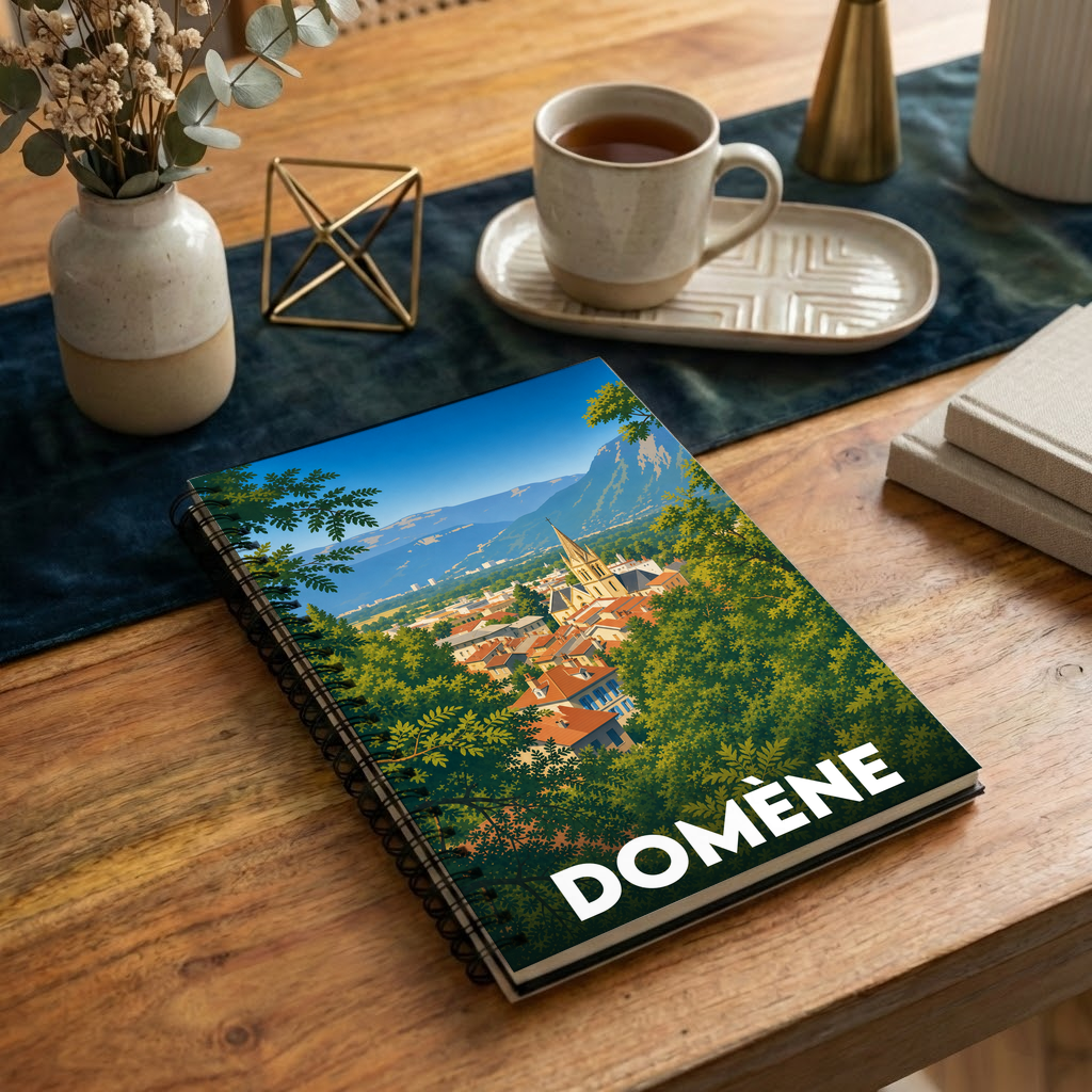 Carnet souvenir de la ville de Domène avec une illustration stylisée d'un paysage montagneux.