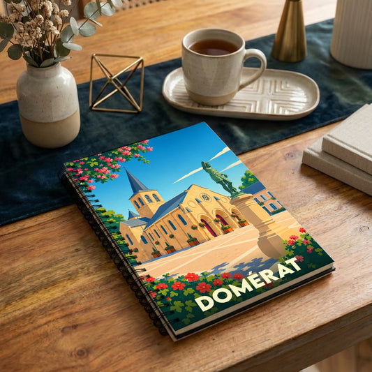 Carnet souvenir de la ville de Domérat avec une illustration colorée et stylisée de son église et de sa place.