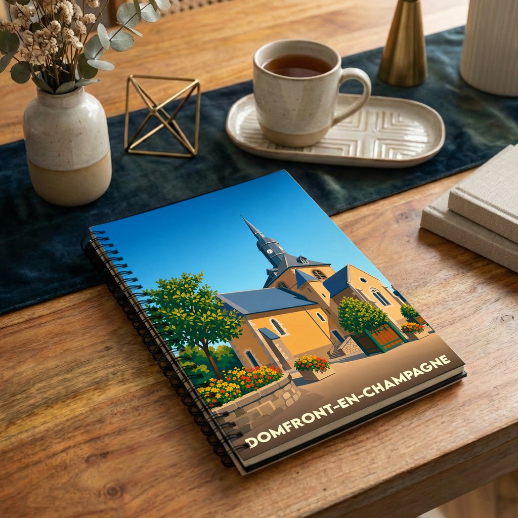 Carnet de notes à spirales souvenir de Domfront-en-Champagne avec une illustration stylisée de son église.