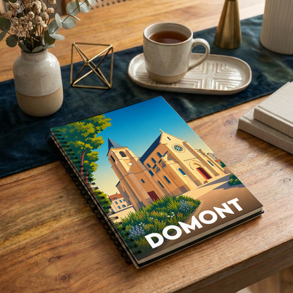 Carnet souvenir de la ville de Domont avec une illustration stylisée.