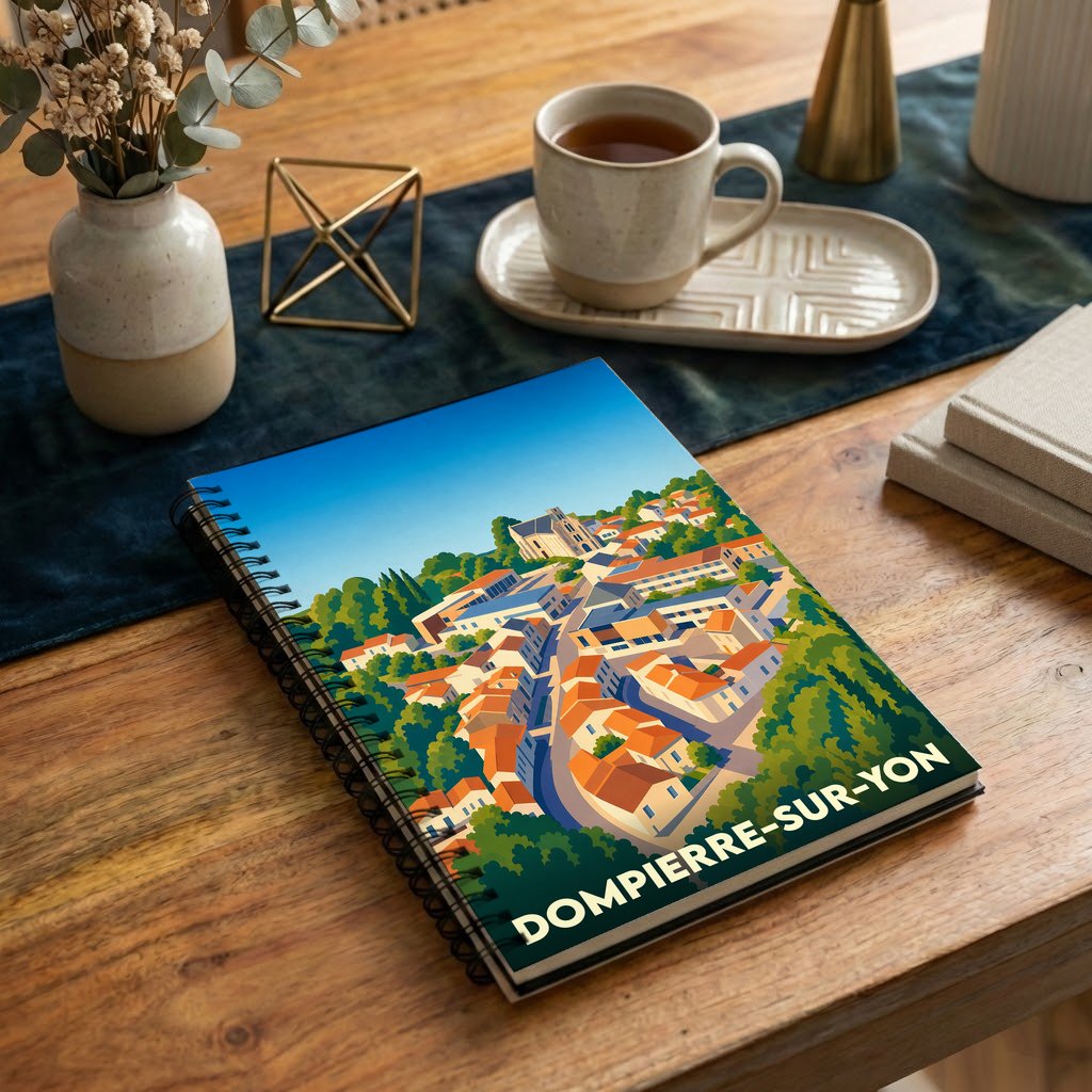 Carnet de notes souvenir de la ville de Dompierre-sur-Yon avec une illustration stylisée et colorée.