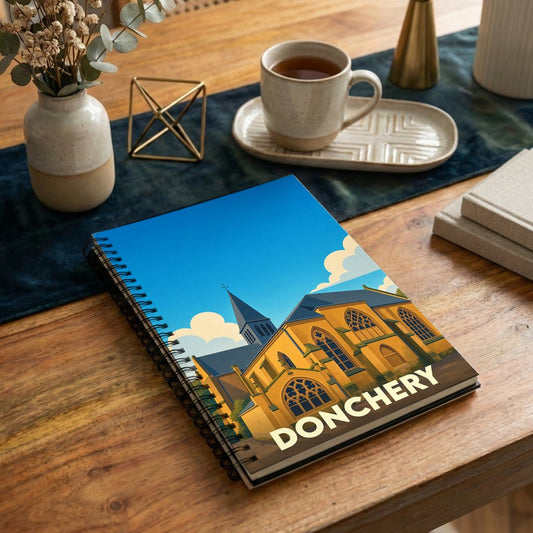 Carnet à spirales souvenir de la ville de Donchery avec une illustration stylisée de son église.