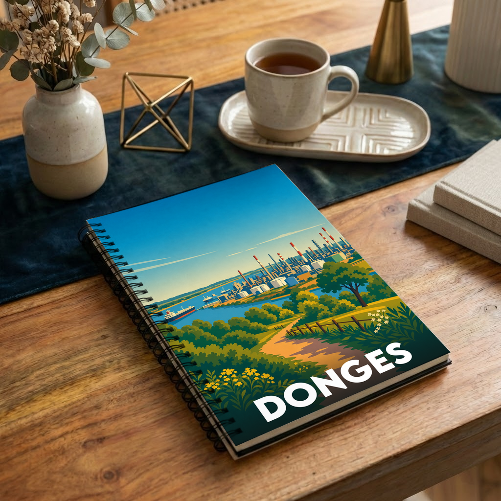 Carnet souvenir de la ville de Donges avec une illustration stylisée.