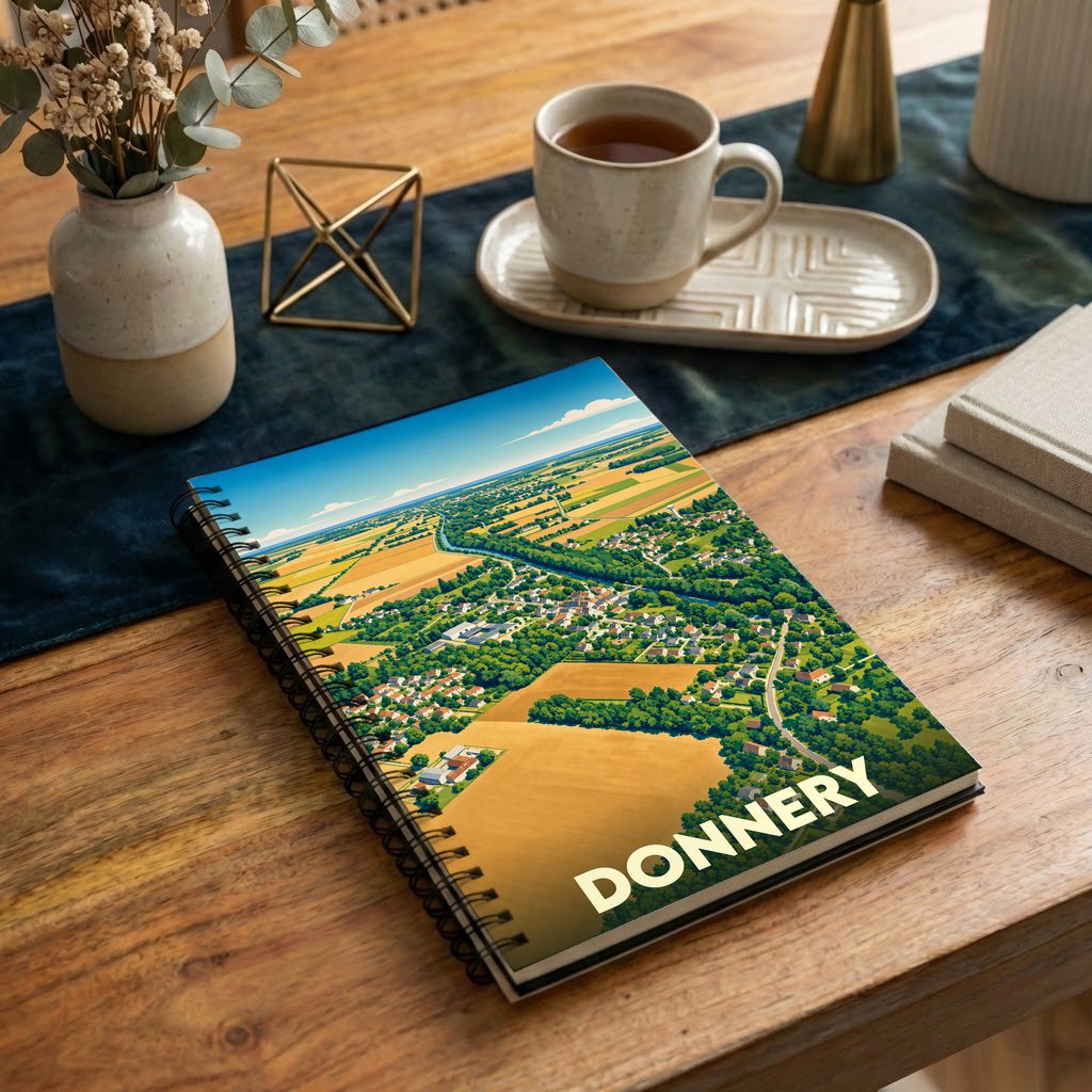 Carnet souvenir de la ville de Donnery avec une illustration aérienne stylisée de ses paysages.