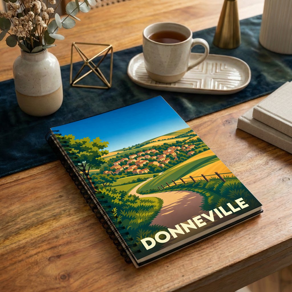 Carnet souvenir de la ville de Donneville avec une illustration stylisée de paysages vallonnés.
