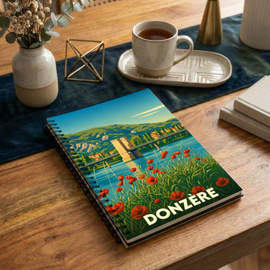 Carnet à spirales souvenir de la ville de Donzère avec une illustration stylisée de son pont suspendu et de champs de coquelicots.