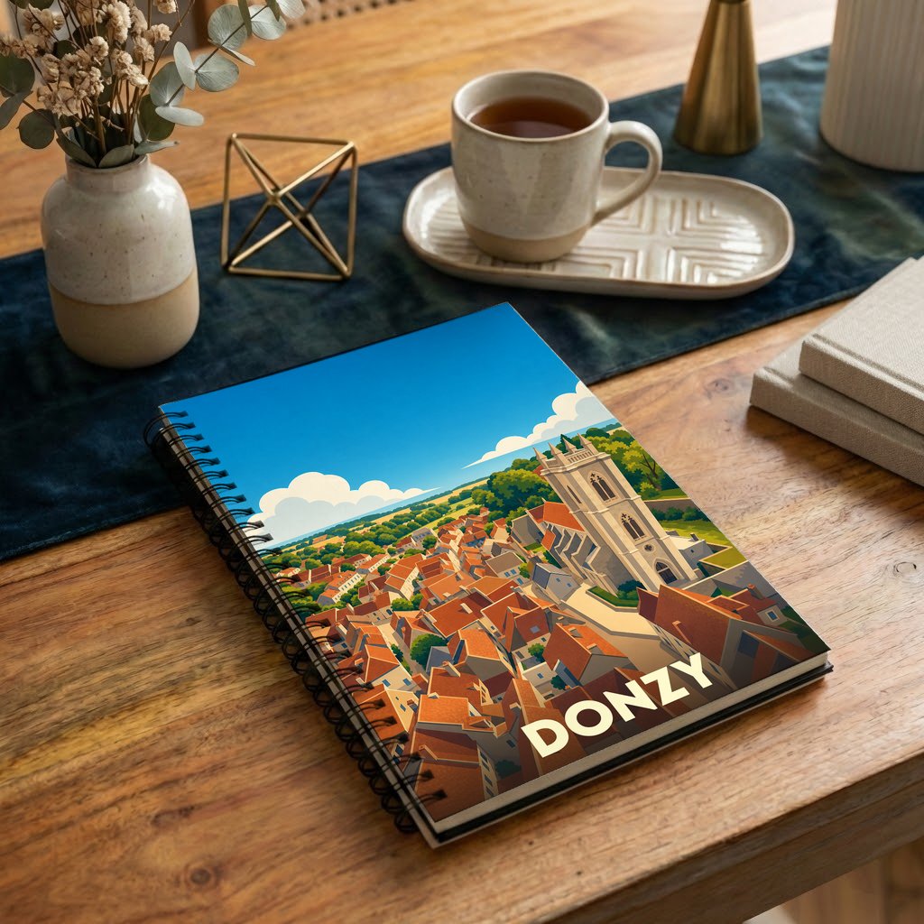 Carnet de notes souvenir de la ville de Donzy avec une illustration stylisée vue du ciel.