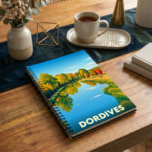 Carnet à spirale souvenir de la ville de Dordives avec une illustration paysagère stylisée.