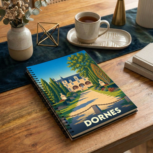 Carnet à spirales souvenir de la ville de Dornes avec une illustration stylisée d'un château.