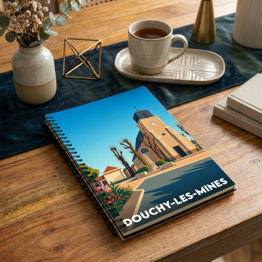 Carnet à spirales souvenir de la ville de Douchy-les-Mines avec une illustration stylisée de son église.