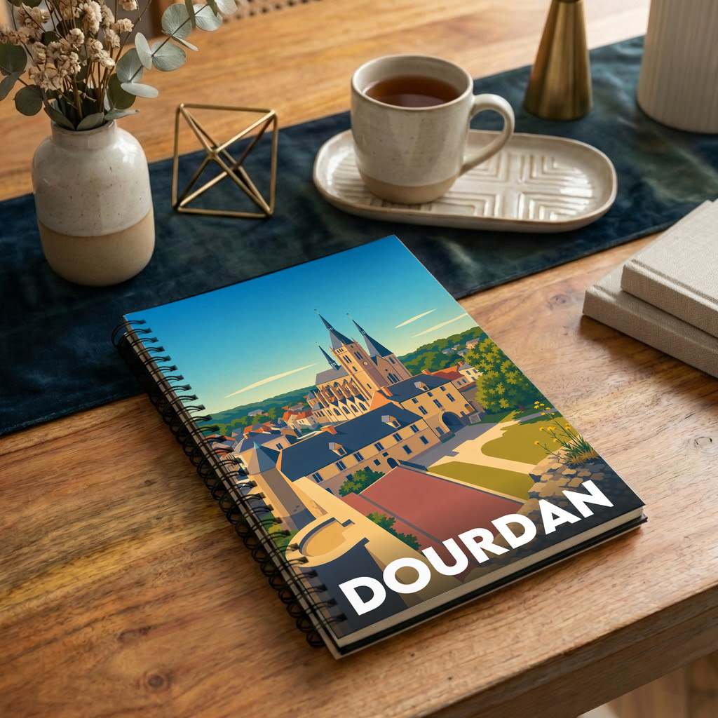 Carnet à spirales souvenir de la ville de Dourdan avec une illustration stylisée de son patrimoine.