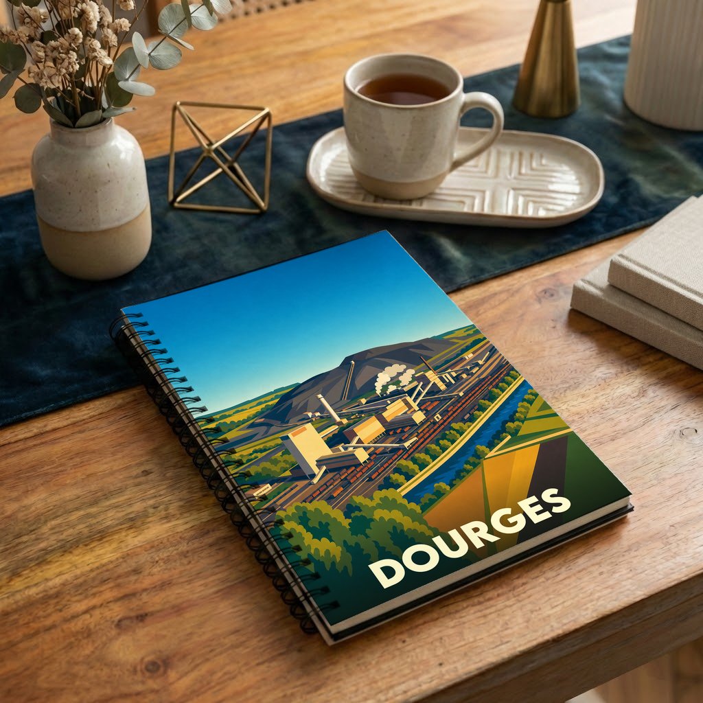 Carnet de notes à spirales souvenir de la ville de Dourges avec une illustration stylisée de son paysage industriel.