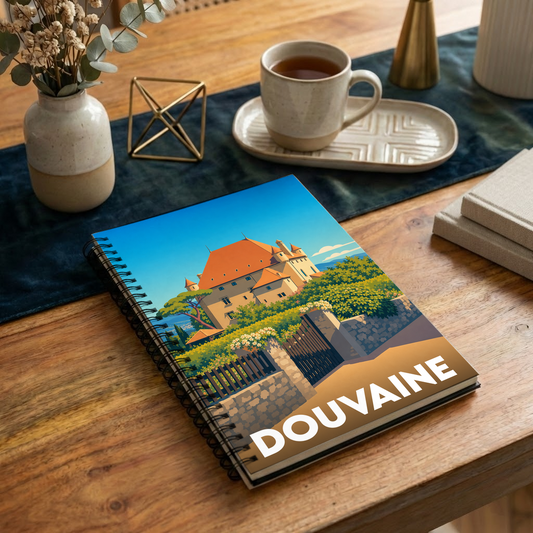 Carnet à spirales souvenir de la ville de Douvaine avec une illustration stylisée de son château.