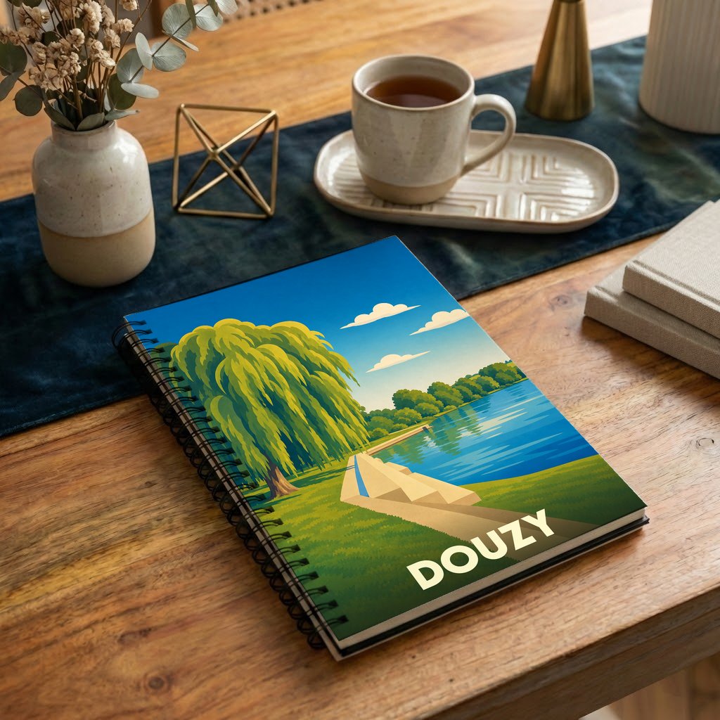 Carnet souvenir de la ville de Douzy avec une illustration stylisée d'un parc au bord de l'eau.