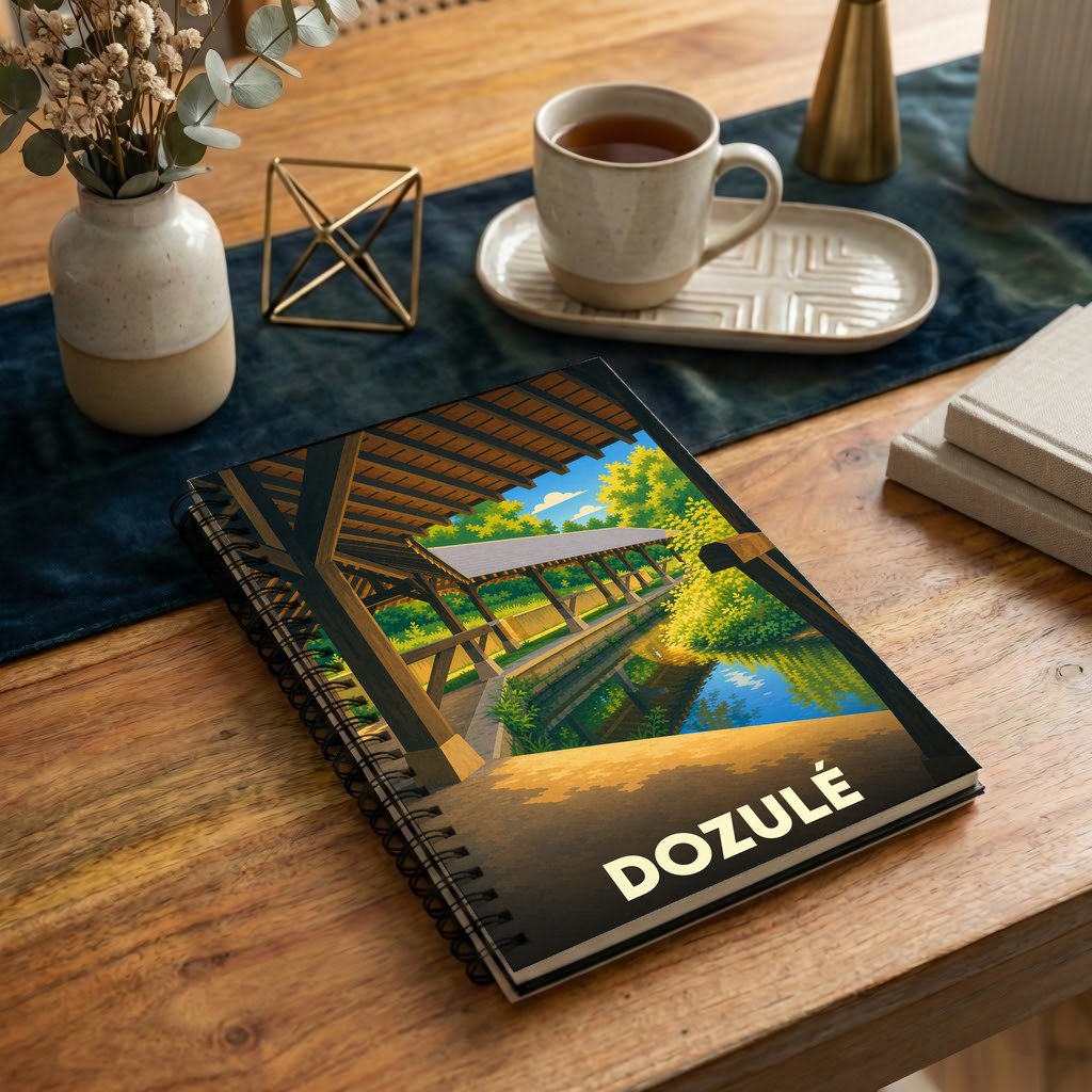 Carnet souvenir de la ville de Dozulé avec une illustration stylisée d'un pont couvert en bois.