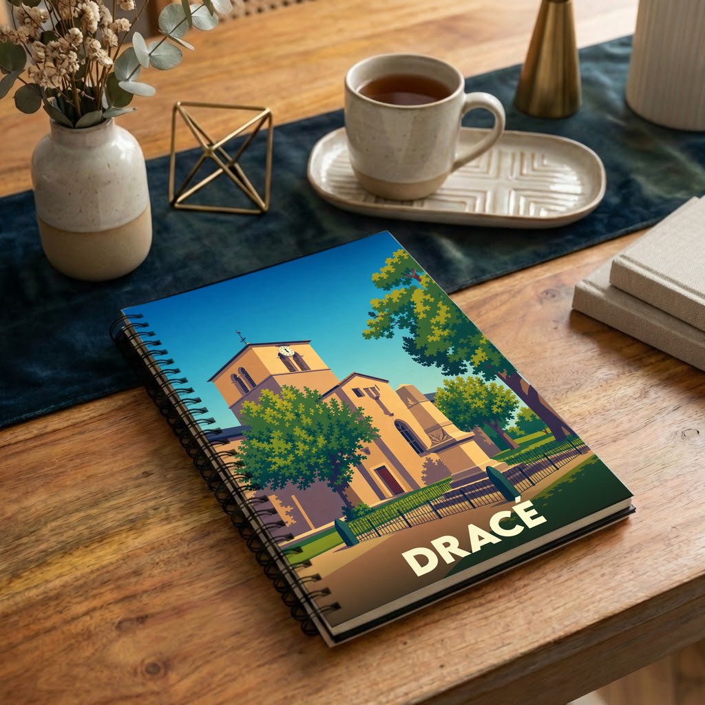 Carnet souvenir de la ville de Dracé avec une illustration stylisée d'une église sous un ciel bleu.