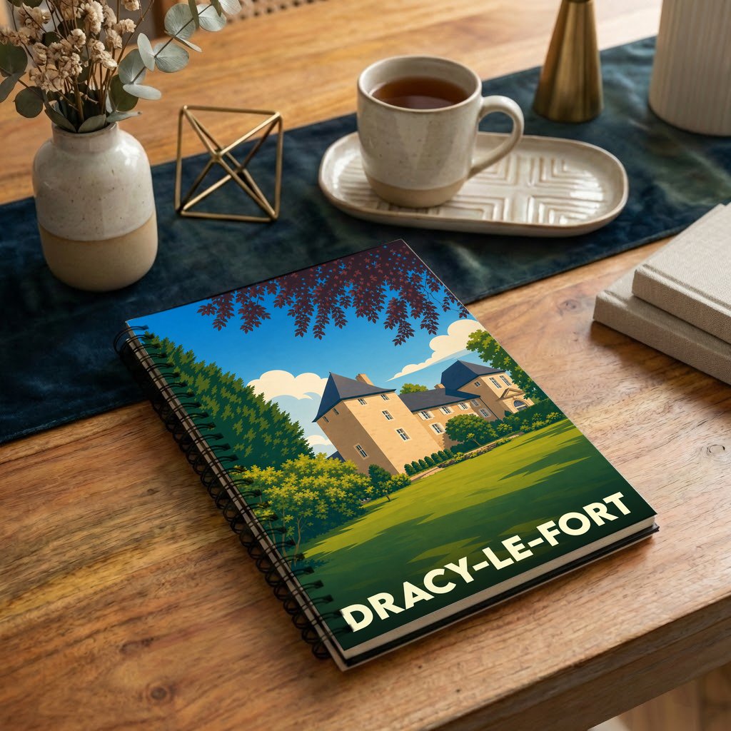 Carnet à spirale souvenir de la ville de Dracy-le-Fort avec une illustration stylisée de son château.