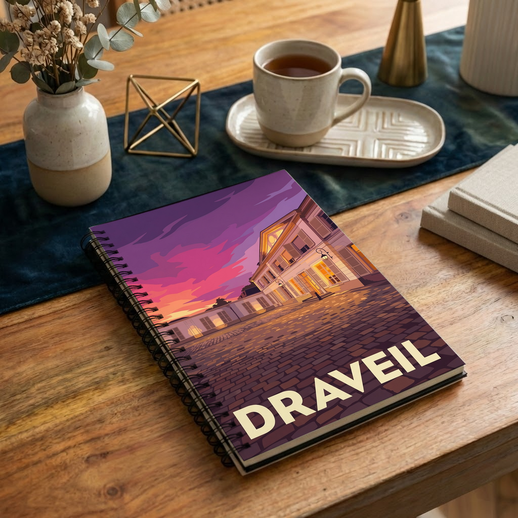 Carnet souvenir de la ville de Draveil avec une illustration graphique stylisée.