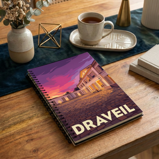 Carnet souvenir de la ville de Draveil avec une illustration graphique stylisée.