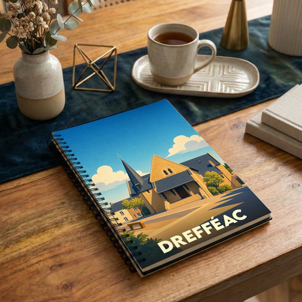 Carnet à spirales souvenir de la ville de Drefféac avec une illustration stylisée de son église.