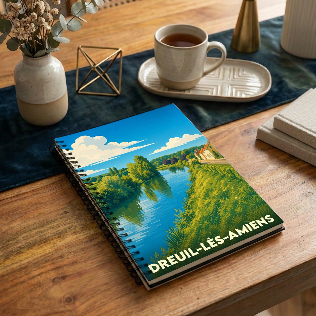 Carnet à spirales souvenir de la ville de Dreuil-lès-Amiens avec une illustration paysagère stylisée.