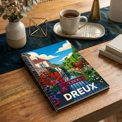 Carnet souvenir de la ville de Dreux avec une illustration stylisée et colorée.
