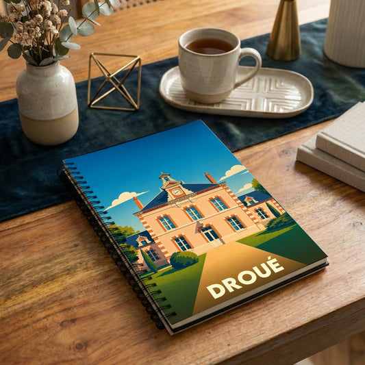Carnet souvenir de la ville de Droué orné d'une illustration stylisée de son hôtel de ville.