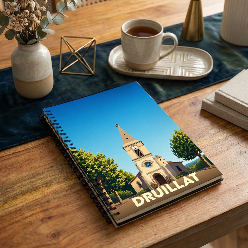 Carnet à spirales souvenir de la ville de Druillat avec une illustration stylisée de son église.