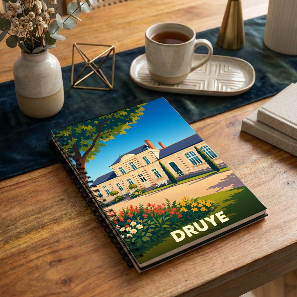 Carnet souvenir de la ville de Druye avec une illustration colorée et stylisée de son architecture.
