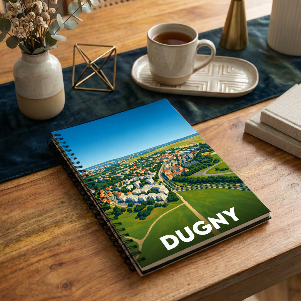 Carnet souvenir de la ville de Dugny avec une illustration aérienne stylisée.
