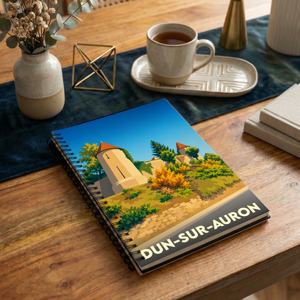 Carnet à spirales souvenir de la ville de Dun-sur-Auron avec une illustration stylisée de ses remparts.