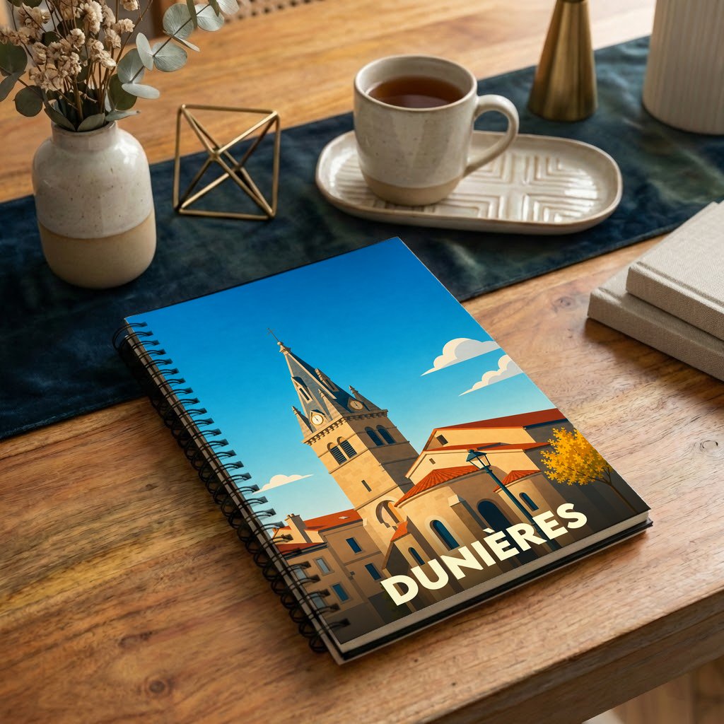 Carnet à spirales souvenir de la ville de Dunières avec une illustration stylisée de son église.