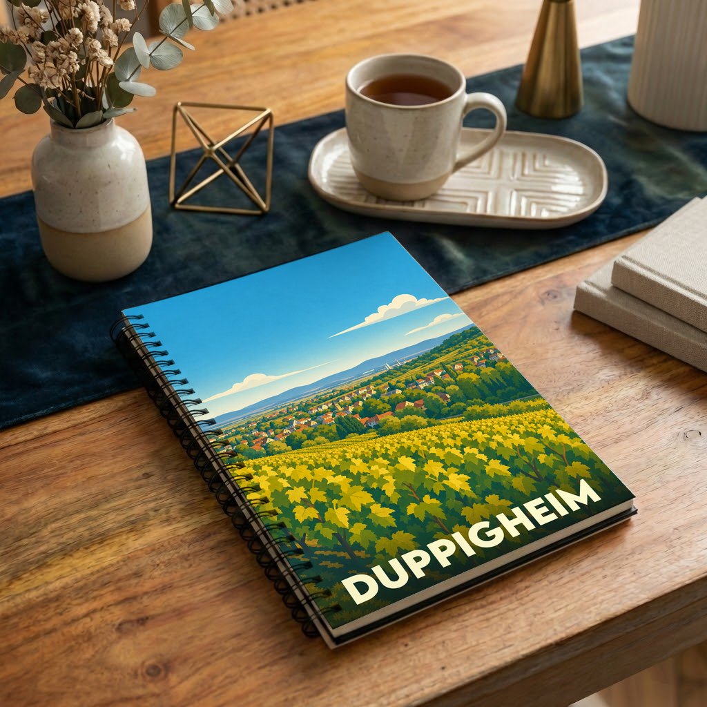 Carnet souvenir de la ville de Duppigheim avec une illustration stylisée de son paysage de vignobles.