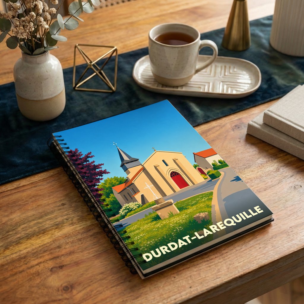 Carnet souvenir de la ville de Durdat-Larequille avec une illustration stylisée de son église.
