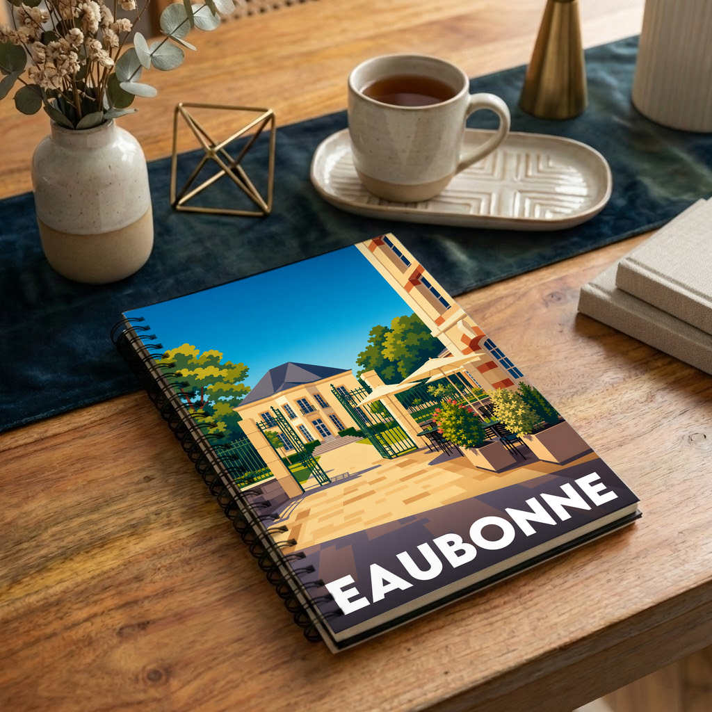 Carnet de notes souvenir de la ville de Eaubonne illustré par une scène urbaine stylisée et colorée.