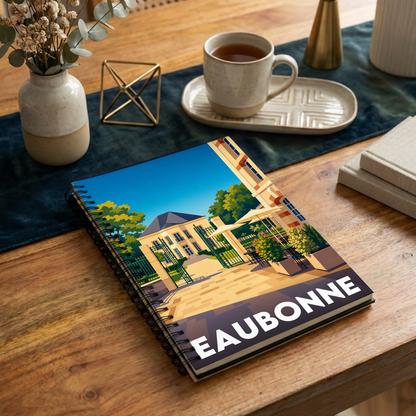 Carnet de notes souvenir de la ville de Eaubonne illustré par une scène urbaine stylisée et colorée.