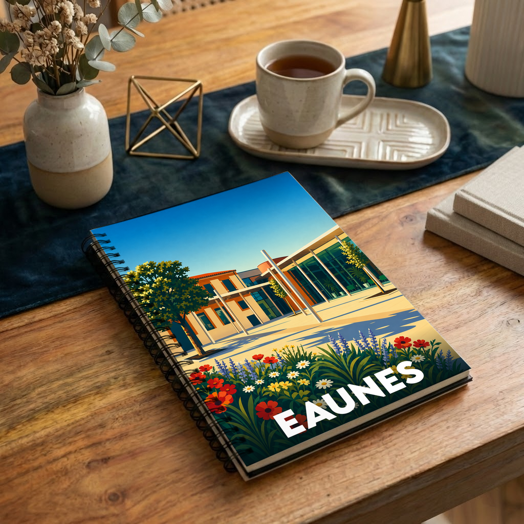 Carnet souvenir de la ville d'Eaunes avec une illustration stylisée et colorée.